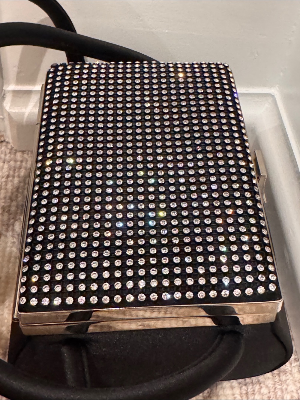 Black Crystal-Embellished Compact Clutch - Sparkling Silver Accents